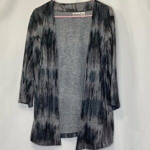 Chicos size 1 (M 8) cardigan open front silver Metallic fabric marbled black EUC